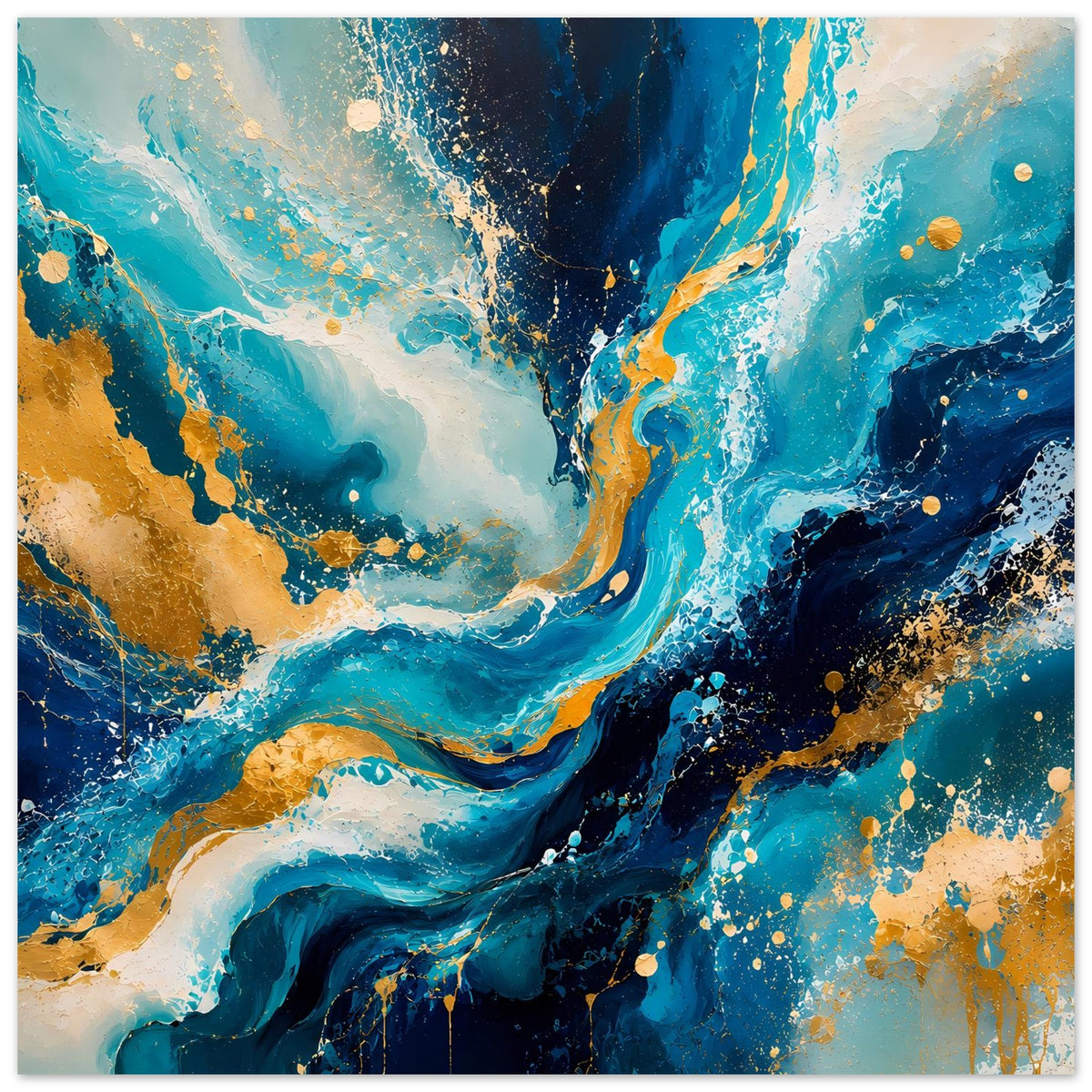 Abstraktes Kunstposter mit kräftigem blauem Zentrum und goldenen Akzenten, kräftige Spritzoptik