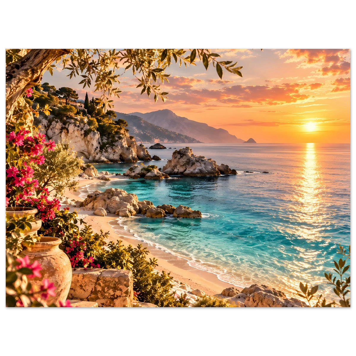 Horizontales Strandposter zum Sonnenuntergang: Felsen, türkisblaues Meer, Küstenlinie