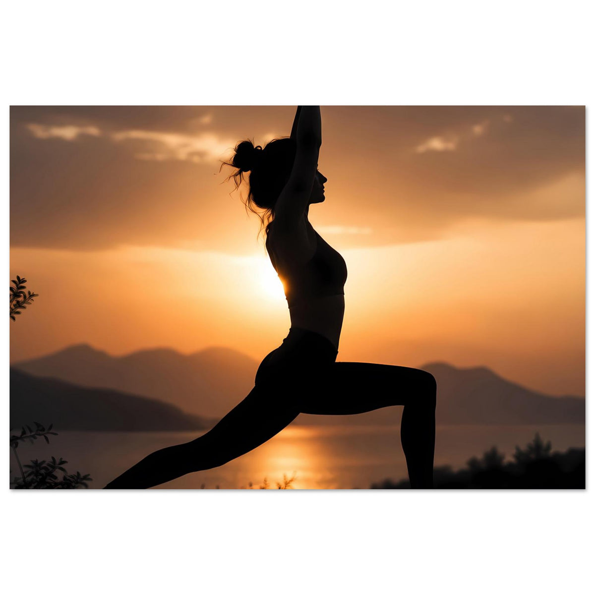 Yoga-Poster (Hochformat): Frau in Yoga-Pose, ein Bein nach hinten gestreckt