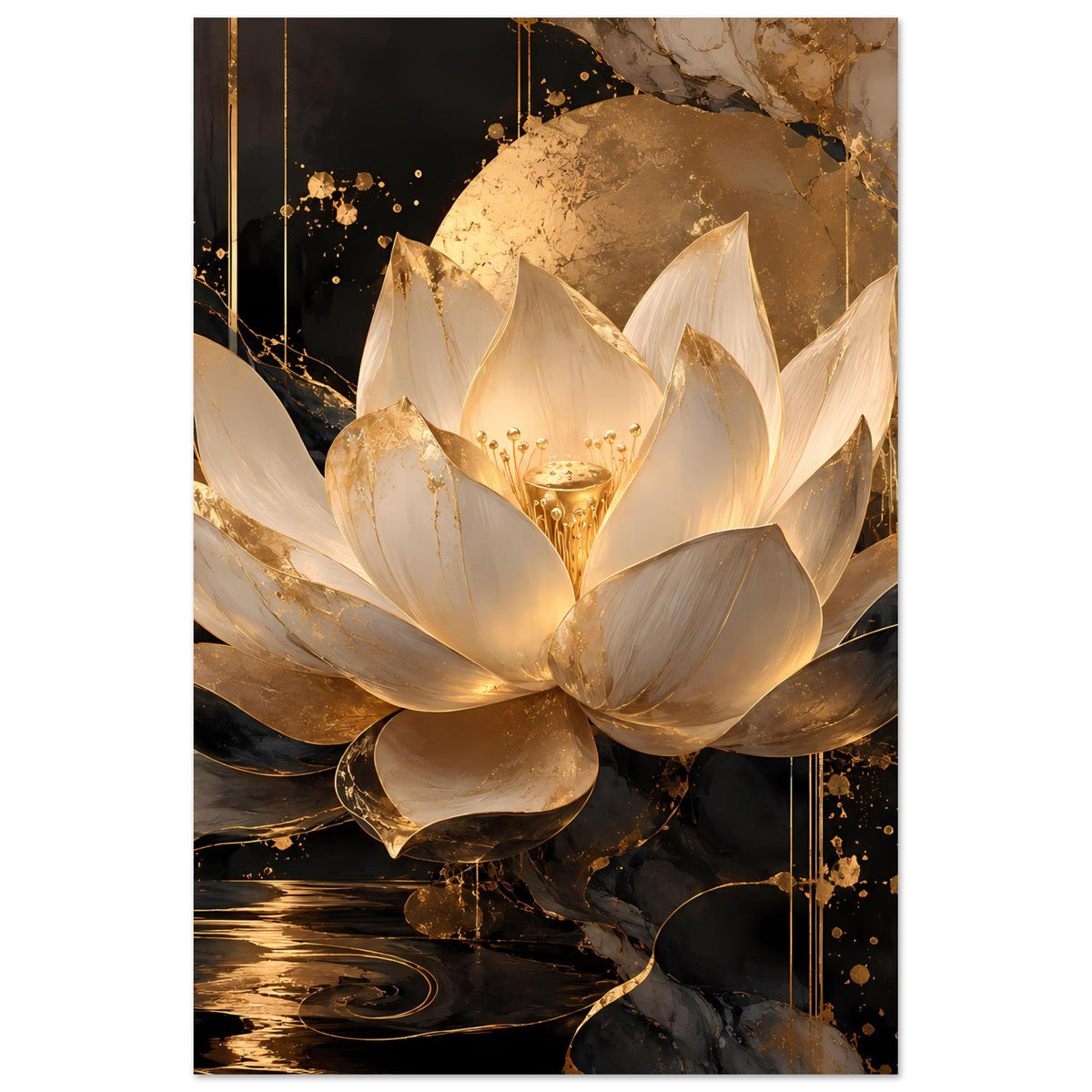 Wandposter mit zentraler Lotusblüte in Elfenbein und Gold, Goldmarmor-Optik im Hintergrund.
