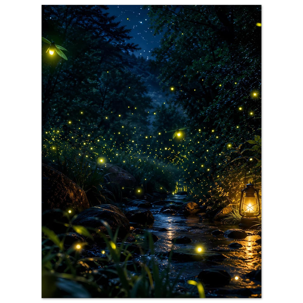 Wandposter mit nächtlichem Waldweg, vielen gelben Glühwürmchen und Laterne rechts
