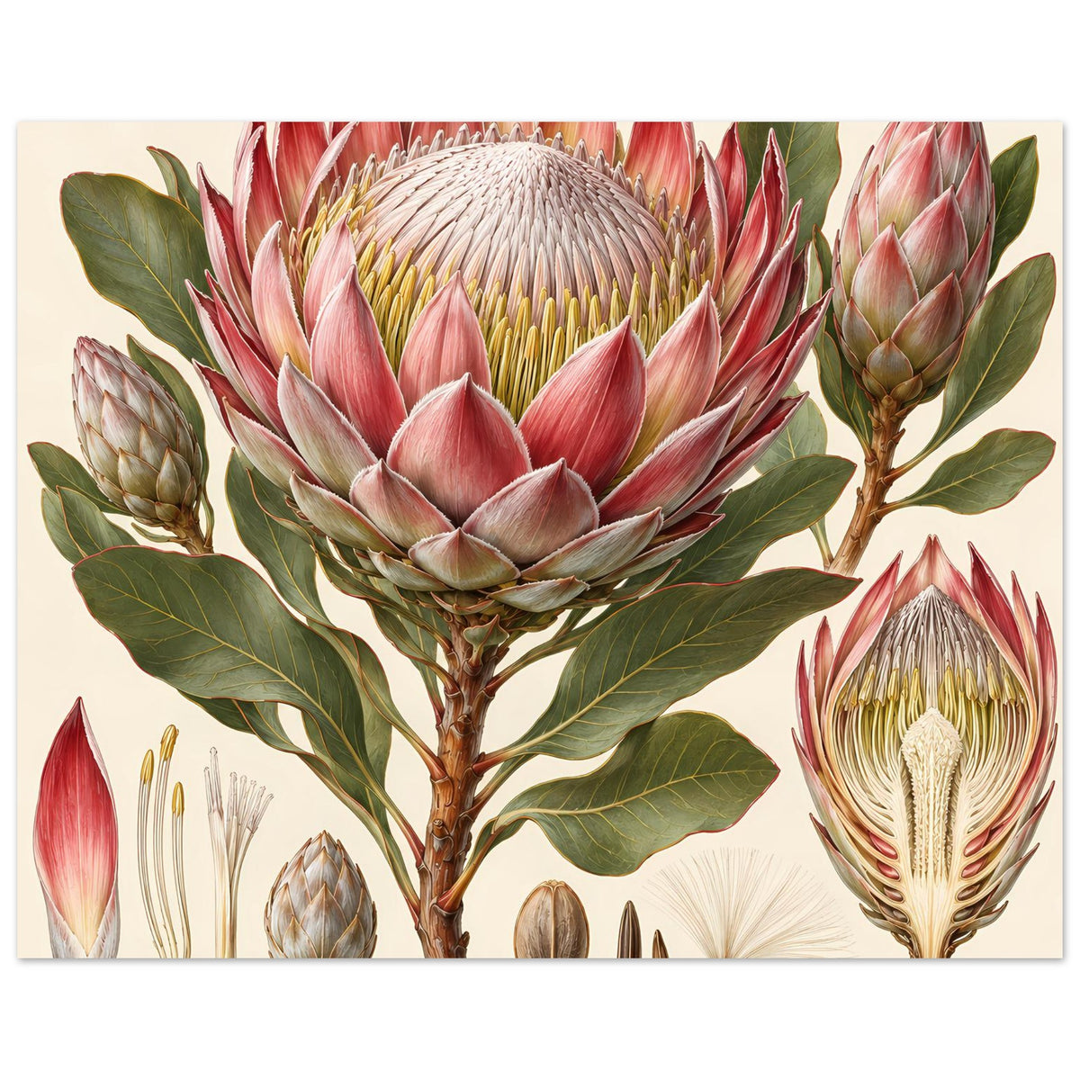 Poster mit Protea-Blumenillustration und Blütenknospen, mittig eine große Protea-Blüte