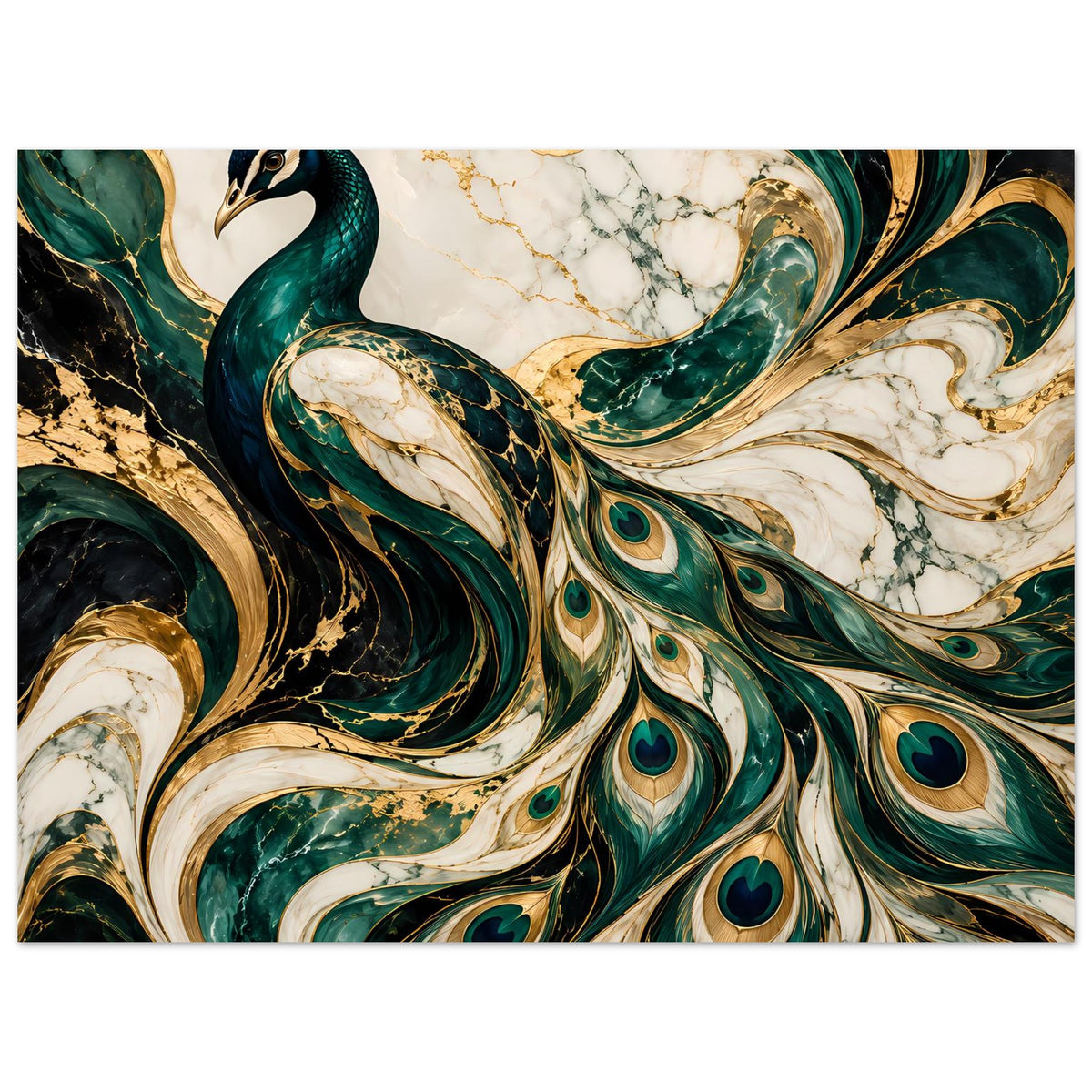 Poster mit Pfau-Motiv in Smaragdgrün und Gold, breiter Zuschnitt mit Federaugen unten