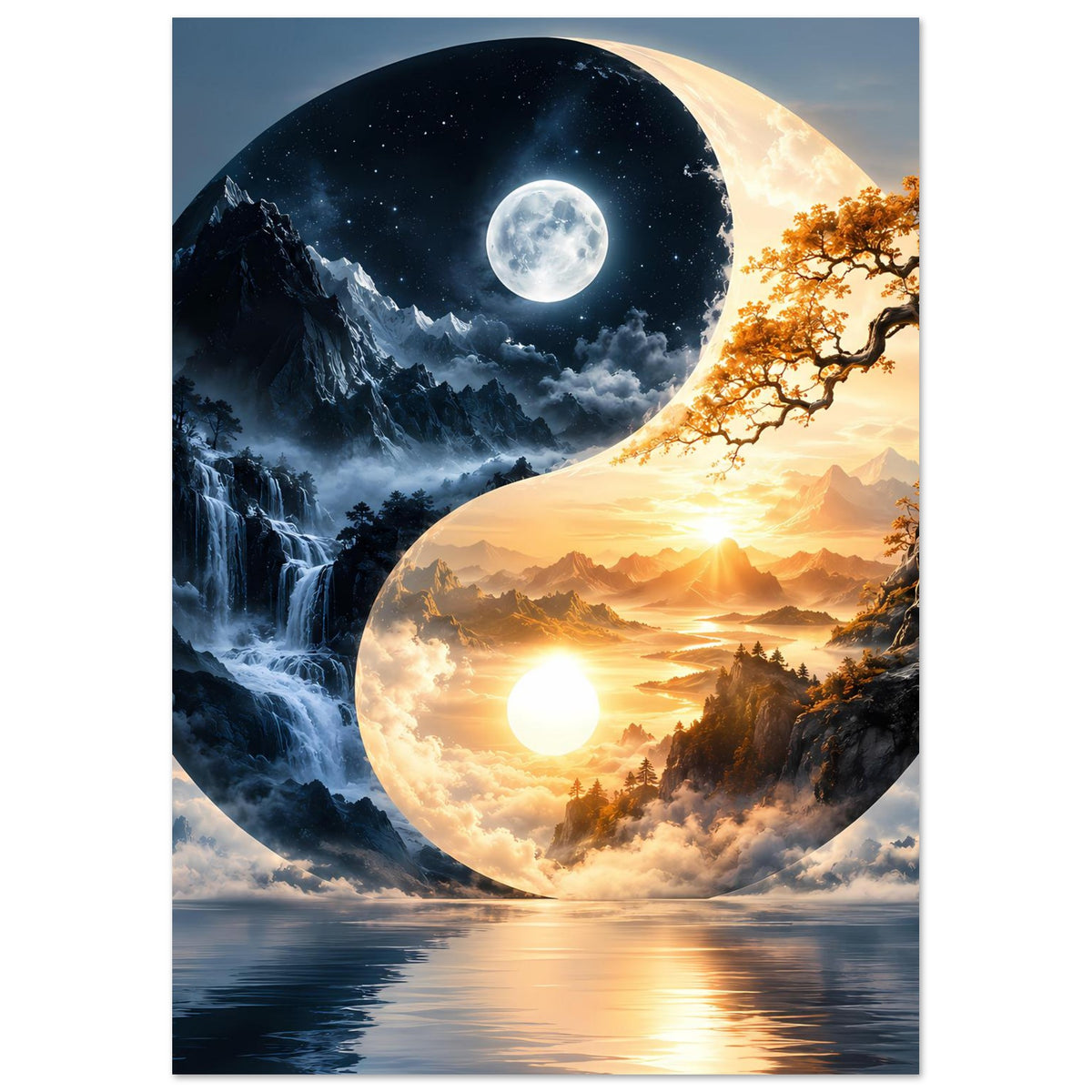 Vertikales Poster mit Yin-Yang-Motiv: Mond über dunklen Bergen, Sonne über Tälern