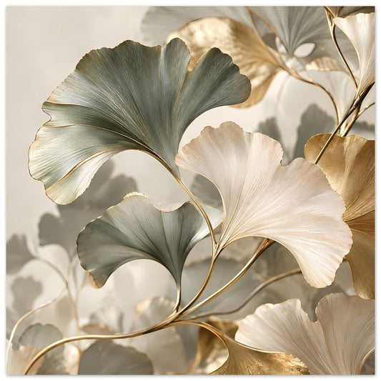 Poster mit Ginkgo-Blättern in Grau-Grün und Creme, goldenen Akzenten, quadratisch
