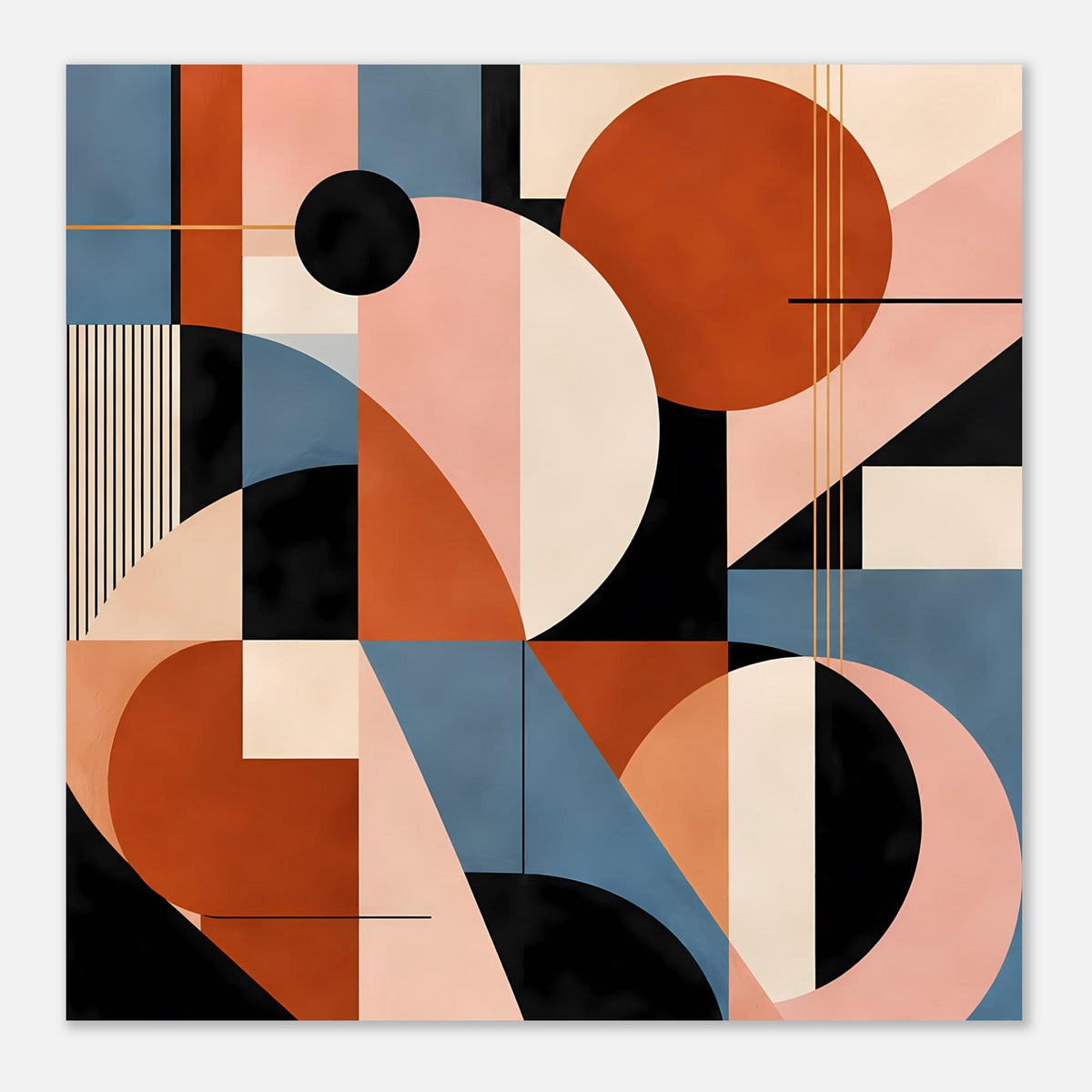 Abstraktes Geometrie-Poster mit Kreisen und Diagonalen in Terrakotta, Blau, Blush und Schwarz