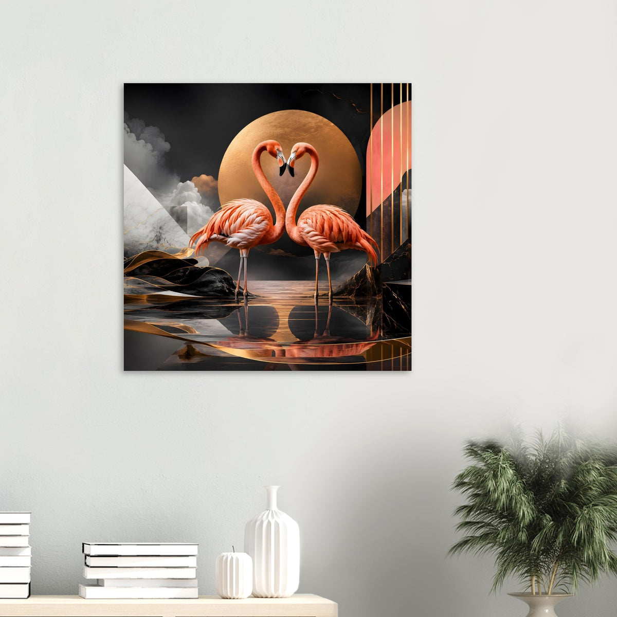 Flamingo-Kunstposter mit zwei rosa Flamingos, goldener Kreisfläche und dunklen Akzenten