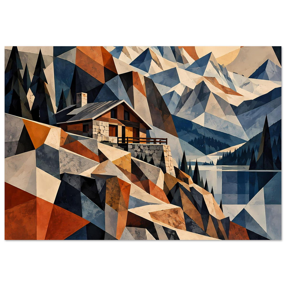 Poster mit geometrischer Berglandschaft: Haus, Fels- und Bergspitzen aus kantigen Farbflächen