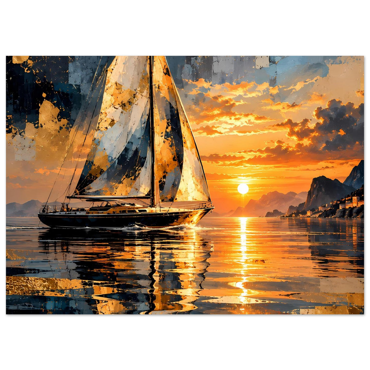 Segelboot-Sonnenuntergang Poster, horizontale Ansicht mit Segelboot und Spiegelbild im Wasser