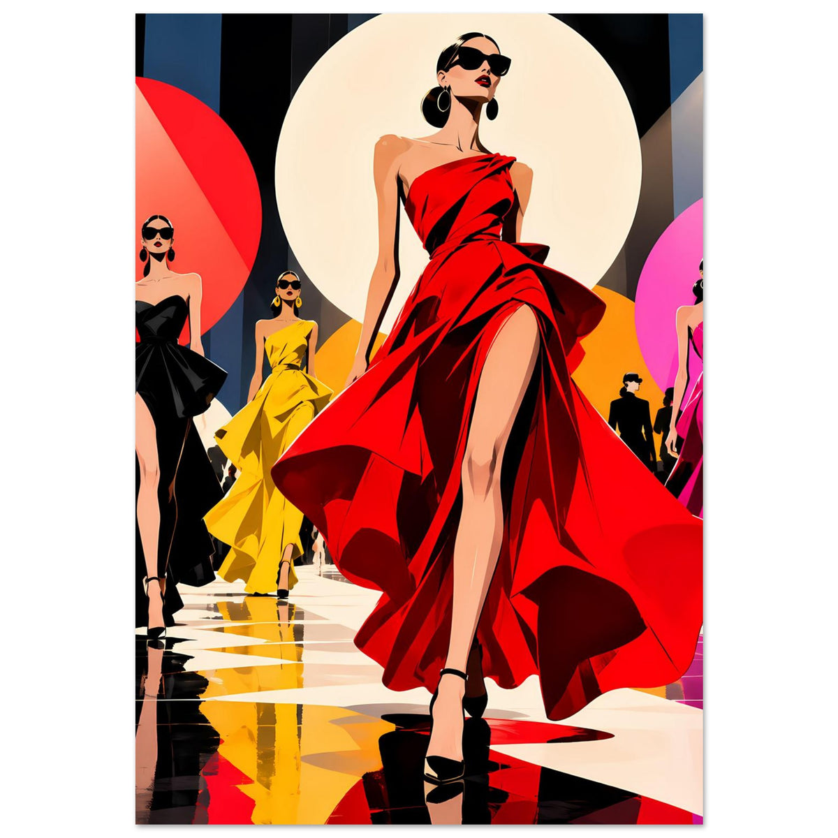 Fashion-Poster im Hochformat: rotes Abendkleid mit Pop-Art-Figuren und Laufsteg