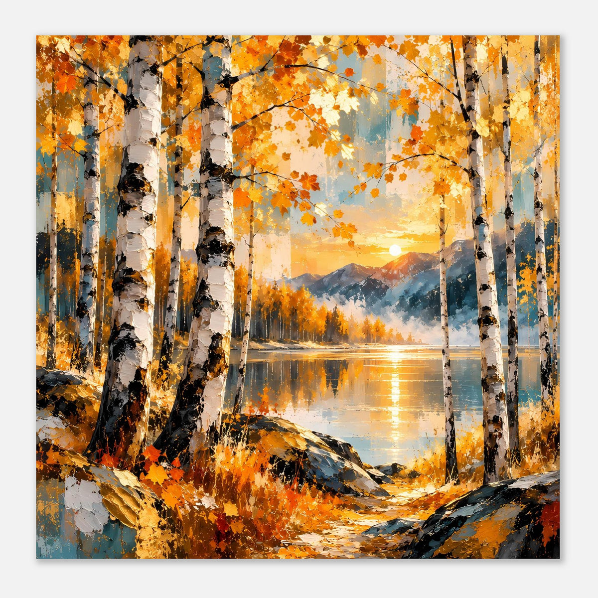 Herbstlandschafts-Poster, enger Bildausschnitt: Birkenstämme, Herbstlaub, Wasserreflexion