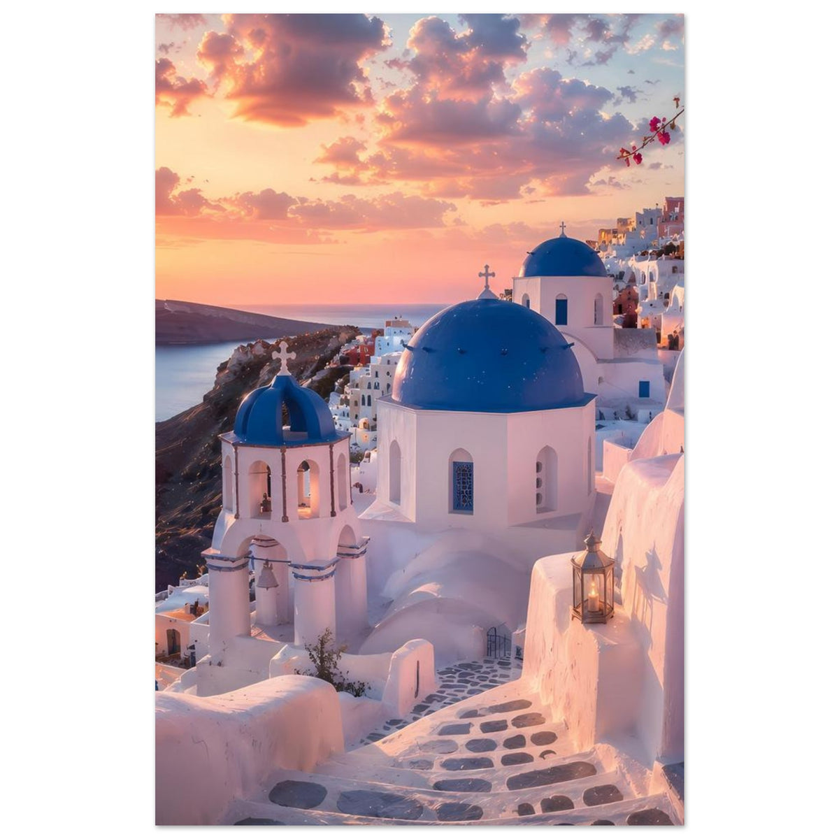 Poster Santorini: blaue Kuppelkirche, weißes Mauerwerk, Weg aus Steinplatten