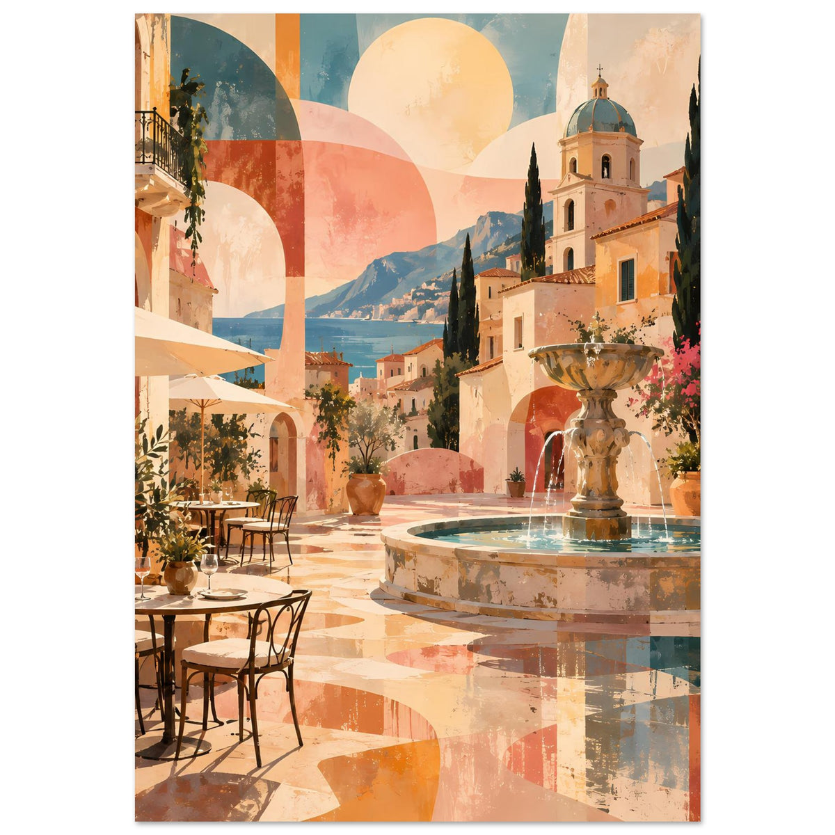 Poster mit mediterraner Architektur, Brunnen und Kirchturm in warmen Pastelltönen