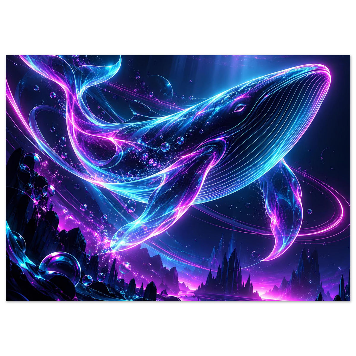 Unterwasserposter mit leuchtendem Neon-Wal, pink-blaues Licht und Wasserblasen