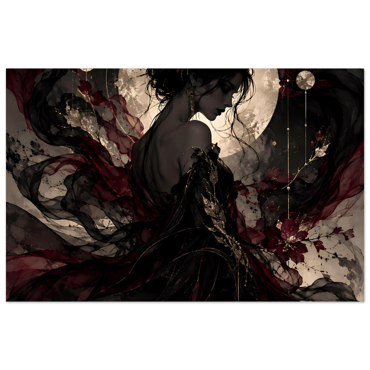 Dunkles Poster mit Porträtfrau im schwarzen Kleid, Mond im Hintergrund, Ketten und Burgunderrot