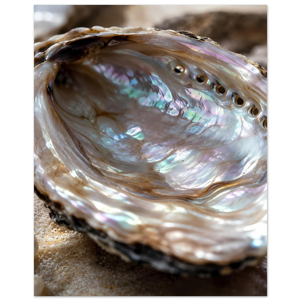 Abalone-Muschel mit Perlmuttglanz, schillernde Schale, Öffnungen deutlich sichtbar