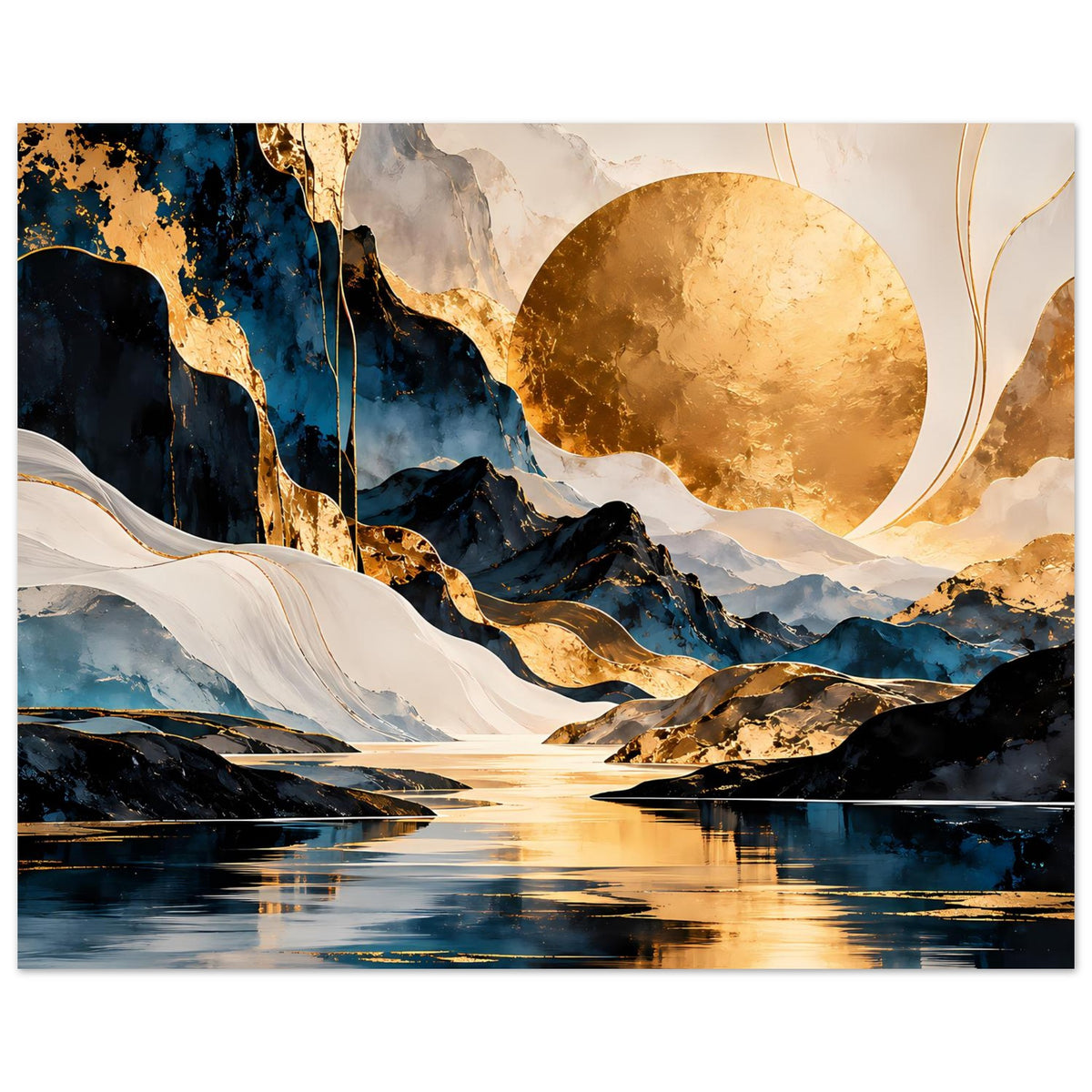 Abstraktes Poster mit Goldkreis, dunklen Felsen, weißem Fluss und spiegelndem See