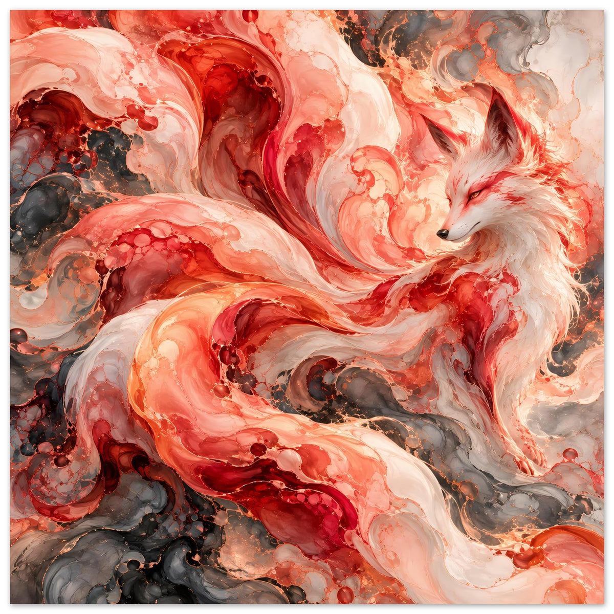 Feuriges Fuchs-Poster im Hochformat, abstrakte Flammenstrudel in Rot, Orange, Weiß