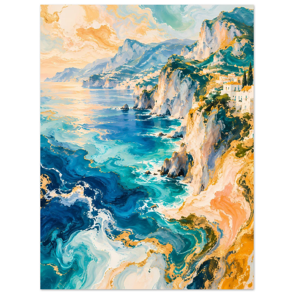 Küstenposter: türkisblaues Meer mit Wellen, weiße Klippen und bewachsene Ufer