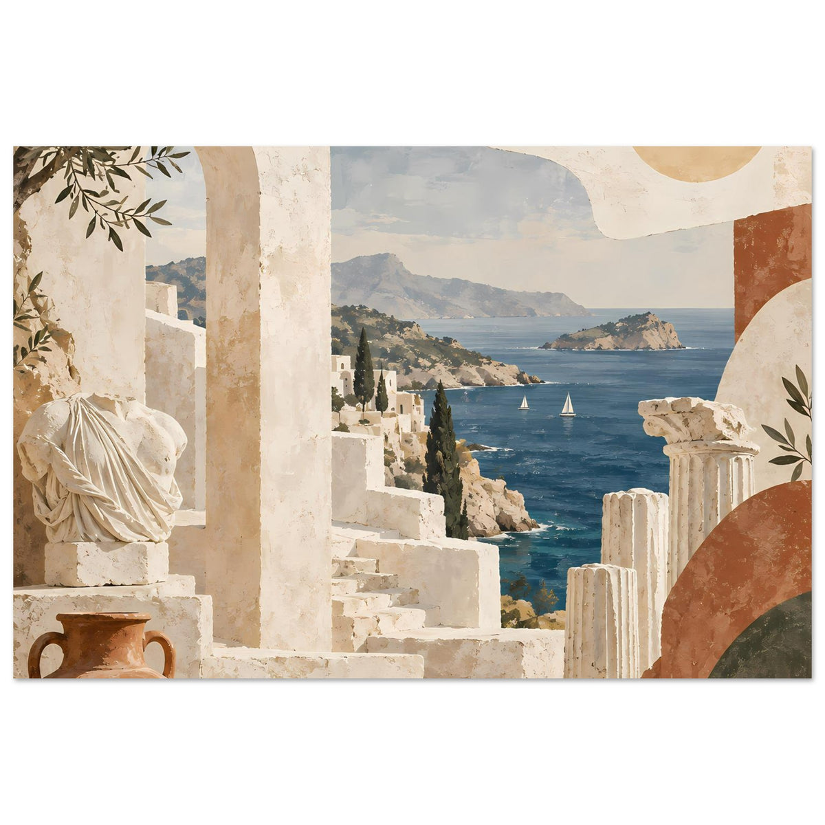 Urlaubs-Poster: Küstenblick mit Säulen, Stufen und Terrakotta-Bögen; Olivengrün oben