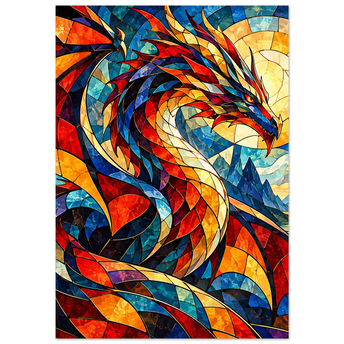 Drachen-Glasmalerei Poster, Detailansicht des Kopfes mit gelben und blauen Glasflächen