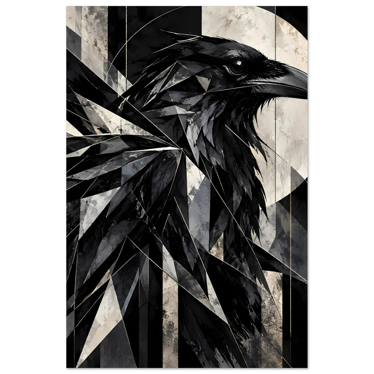 Kunstposter mit geometrischem Raben in Schwarz-Weiß, Rabenkopf und Federn, Hochformat