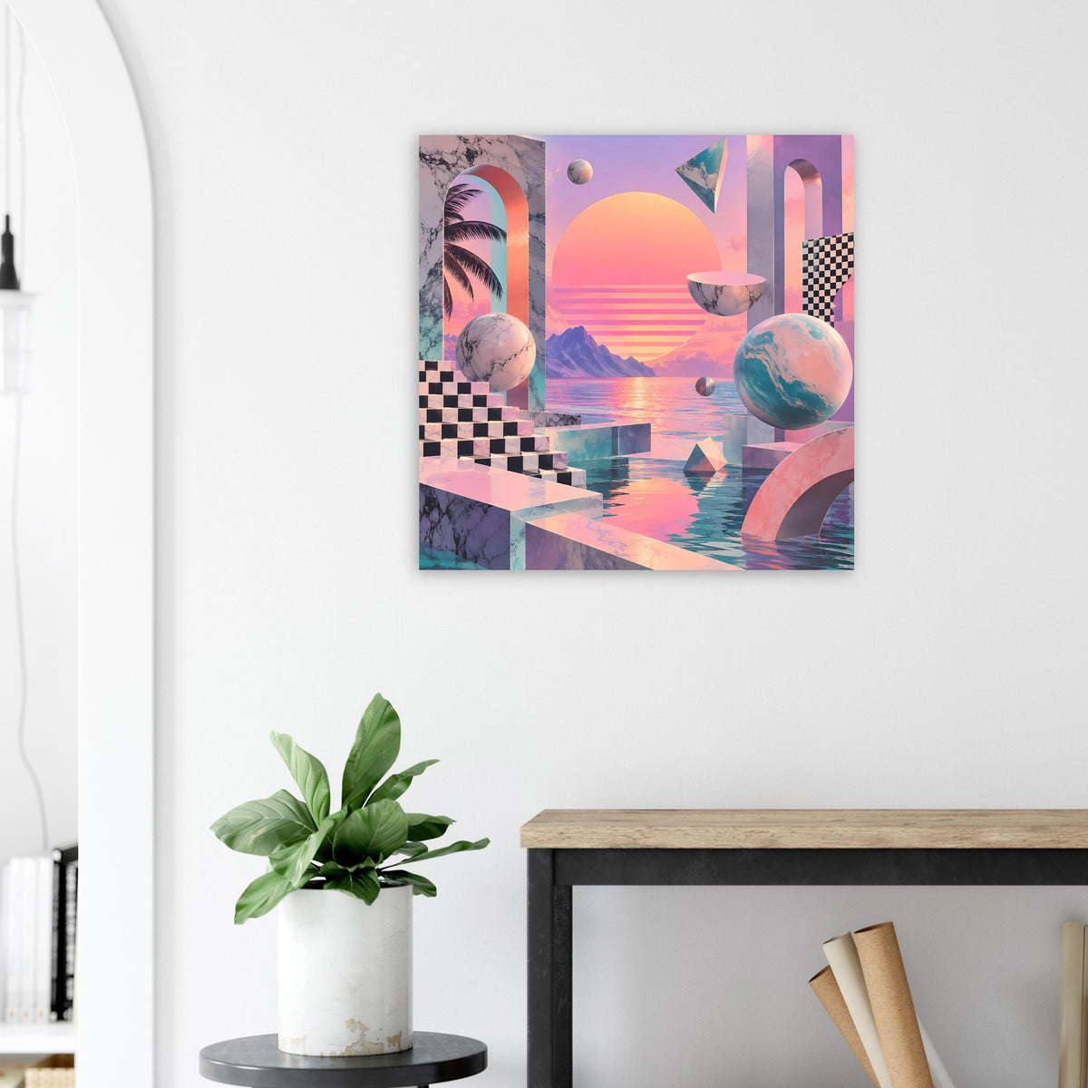 Quadratisches Poster mit pinkem Sonnenuntergang, geometrischen Säulen und abstrakten Kugeln