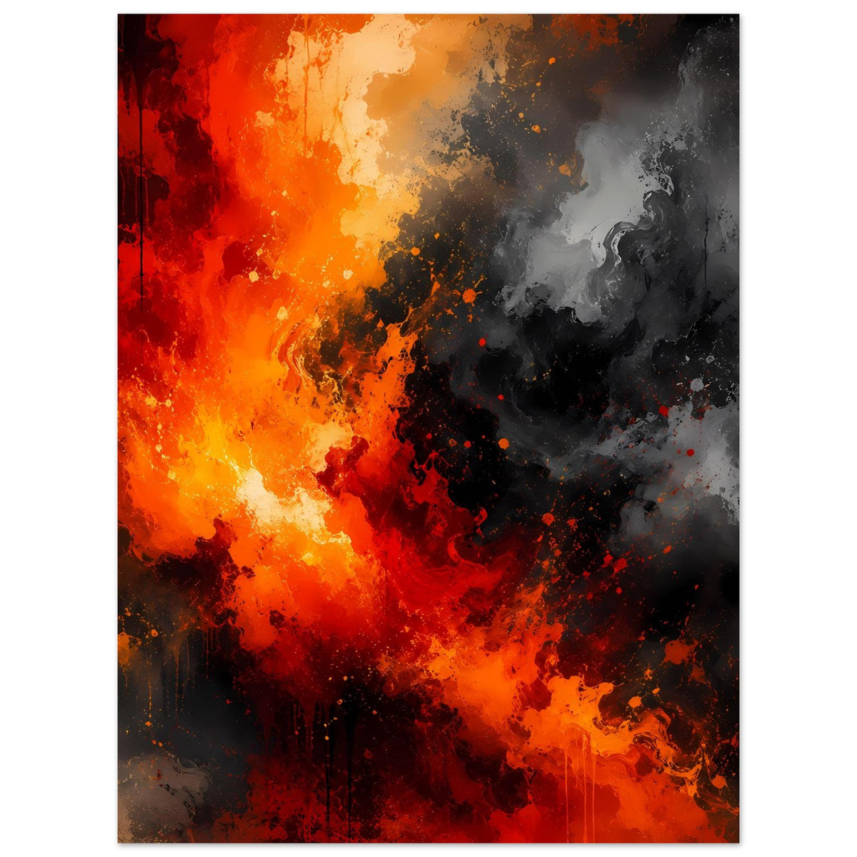 Abstraktes Poster mit Feuer- und Rauchmotiv, rot-orange links, schwarz-grau rechts