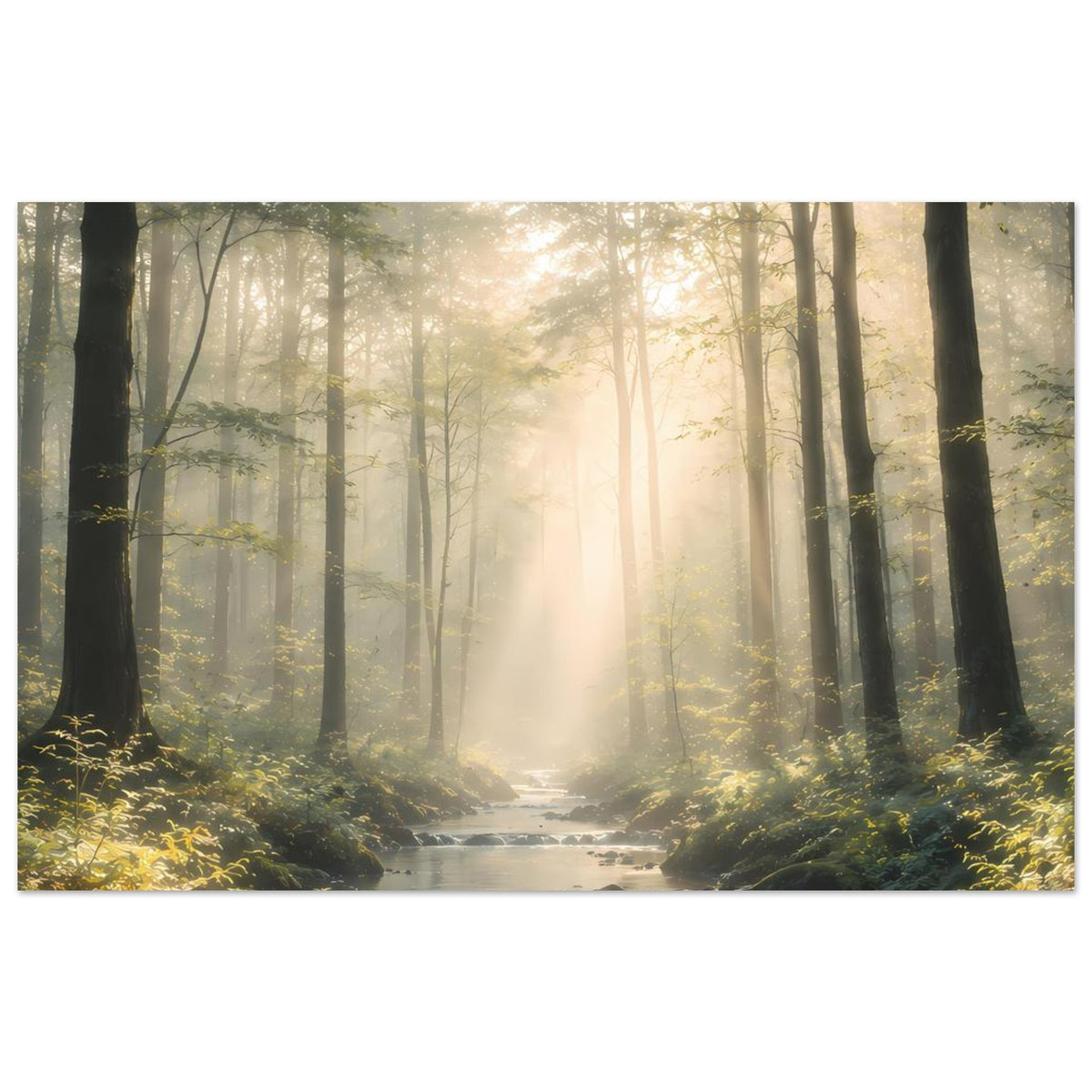 Querformat-Naturposter: Bach durch Wald, Sonnenstrahlen über moosigen Felsen, Dunst
