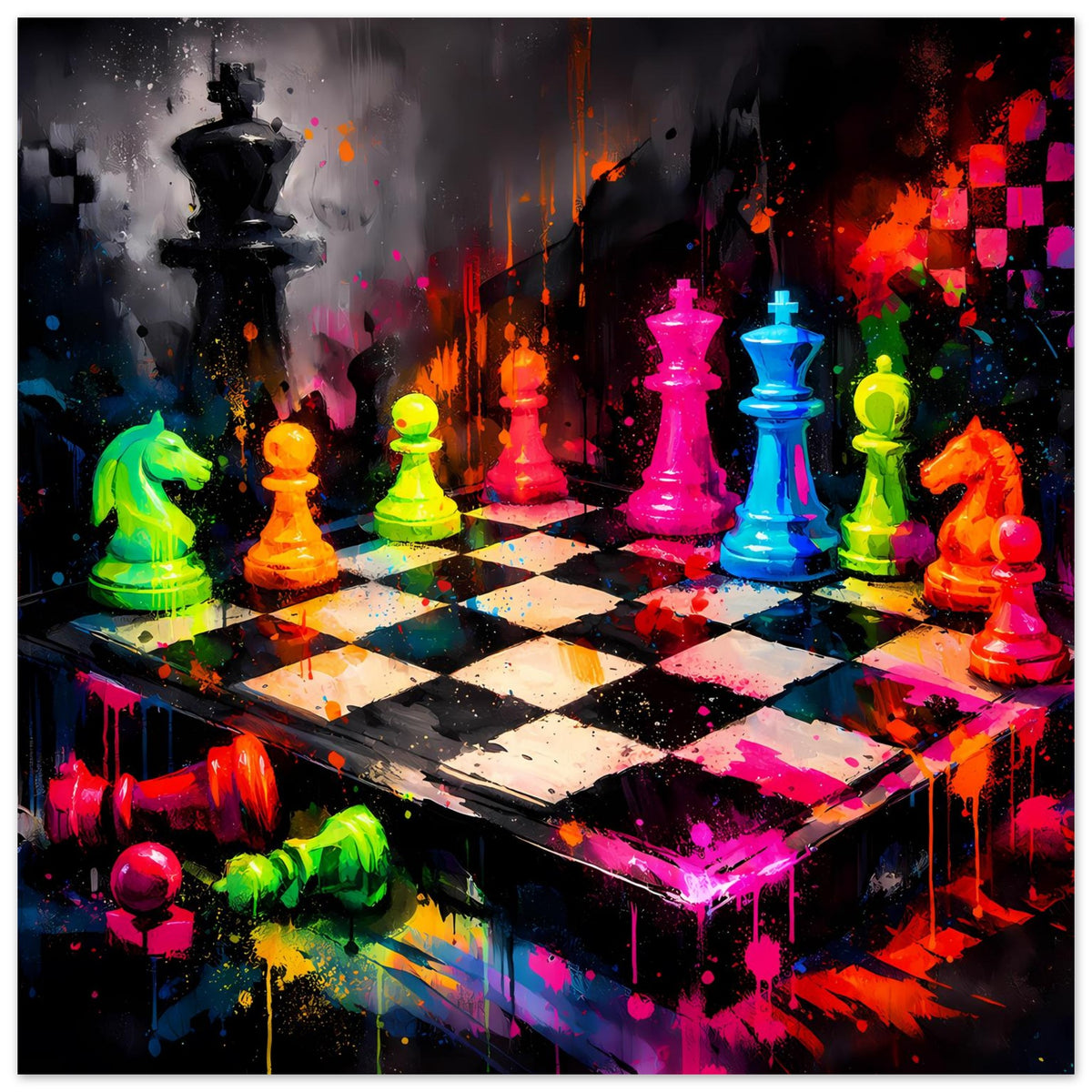 Poster mit Neon-Schachspiel: bunte Figuren auf Schachbrett mit Farbspritzern und Farbverlauf