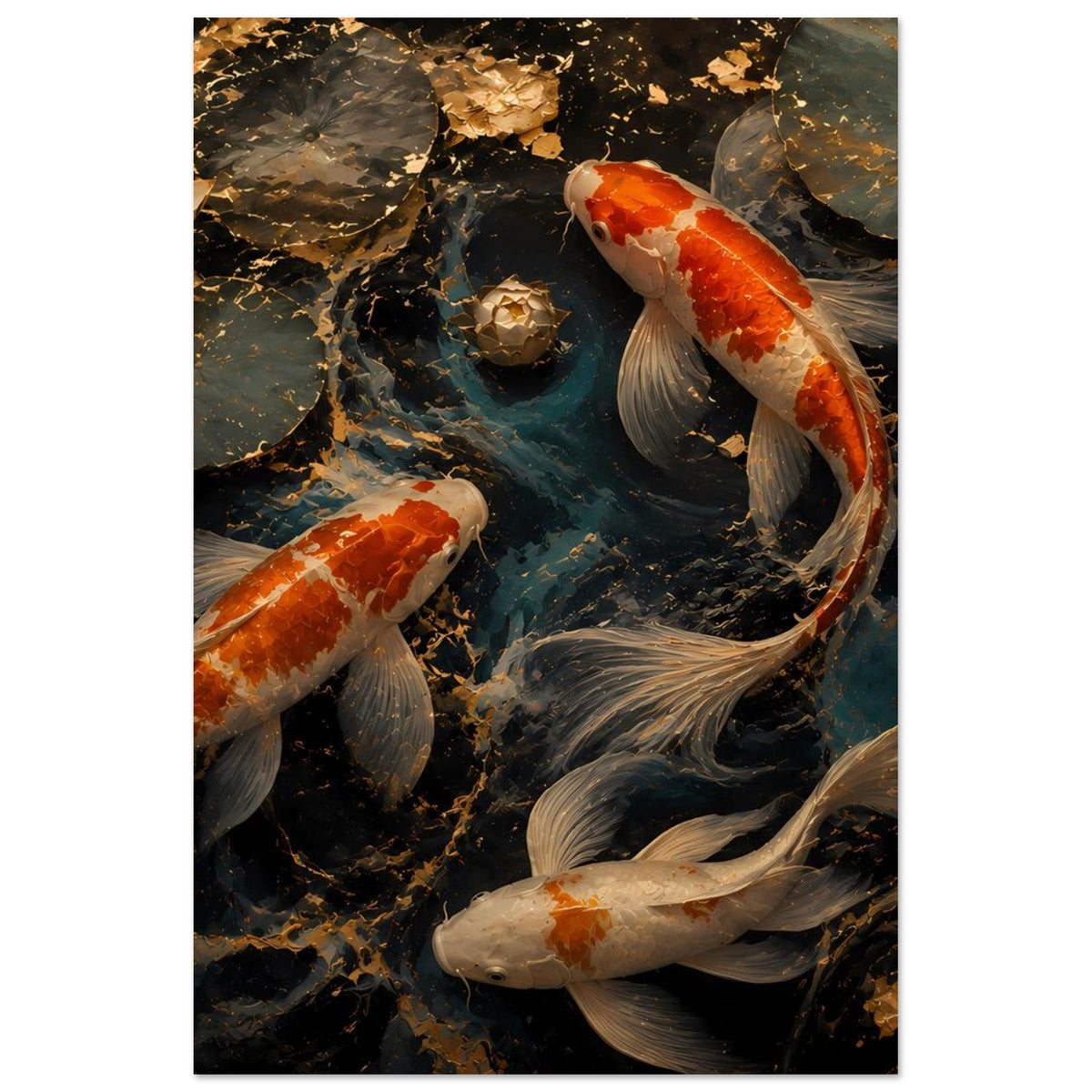 Koi-Teich Kunstposter im Hochformat: orange-weiße Koi schwimmen zwischen dunklen Steinen.