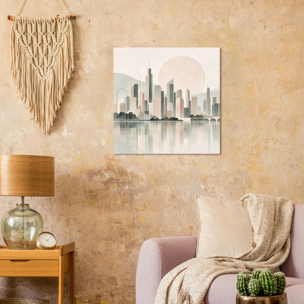 Quadratisches Stadtposter: Skyline in Pastelltönen mit großem Kreis am Himmel und Reflexion