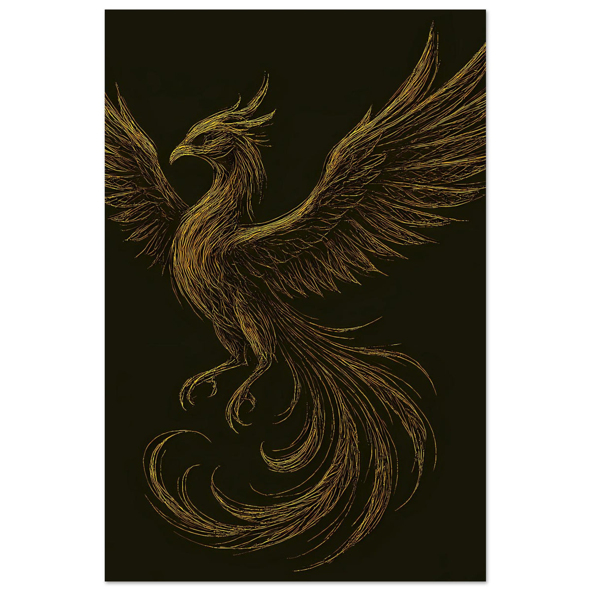 Vertikales Poster mit goldenem Phönix, ausgebreiteten Flügeln, auf dunklem Grund