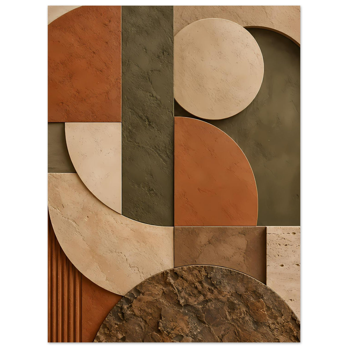 Querformatiges abstraktes Poster mit Segmenten und Kreisformen in Braun, Oliv, Beige