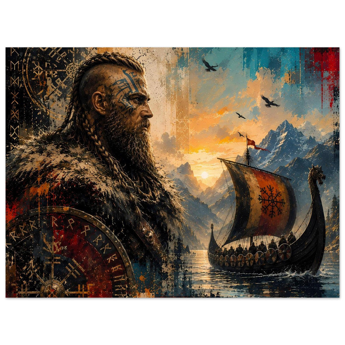 Horizontales Saga-Poster: Wikingermann links, Langschiff rechts, Vögel und Runen im Stil