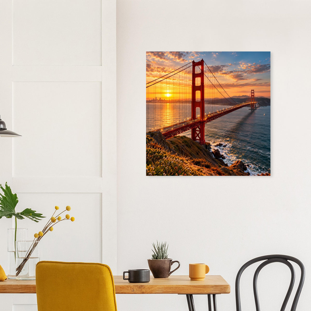 Poster mit Golden Gate Bridge bei Sonnenuntergang, Meerblick und orange Wolken