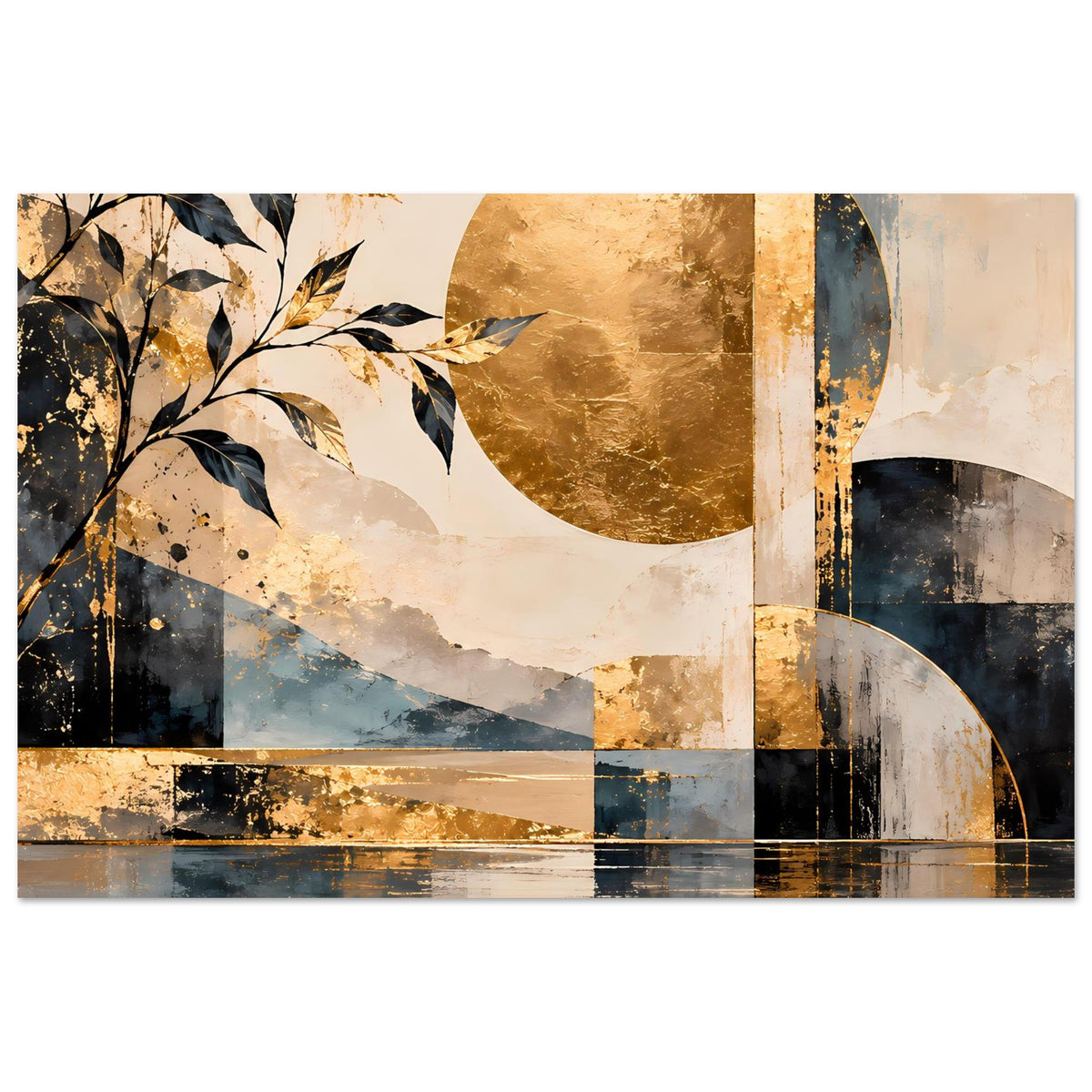 Kunstposter mit goldener Textur, blauem Bogen, dunklen Rechtecken und Blattzweigen links