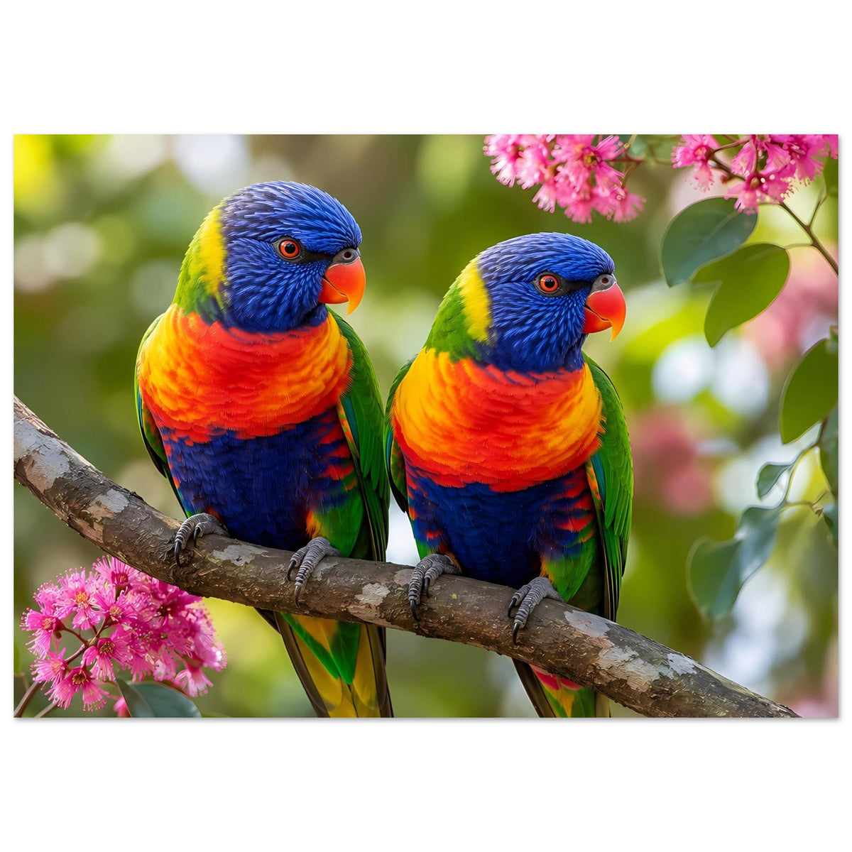 Wandposter im Querformat mit zwei Regenbogenlorikeets auf einem Ast und pinken Blüten