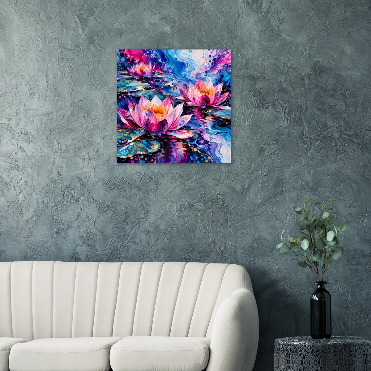 Quadratisches Seerosen-Blumenposter mit bunten Blüten in Pink, Blau und Violett