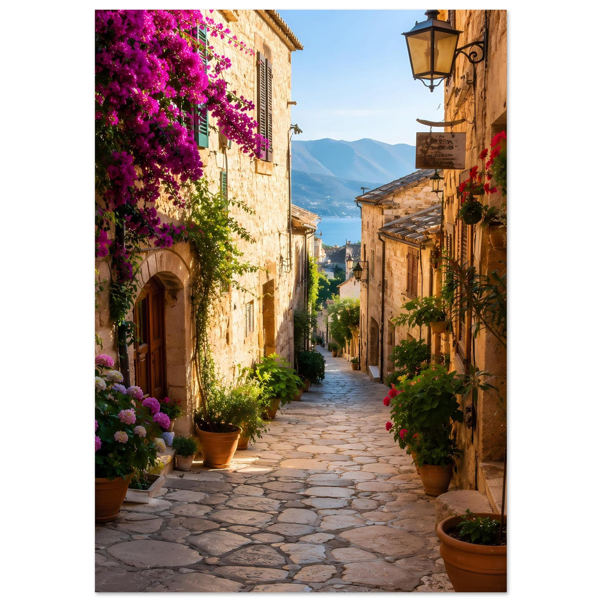 Poster im Hochformat: mediterrane Gasse mit warmen Fassaden, Pflanzen in Töpfen.