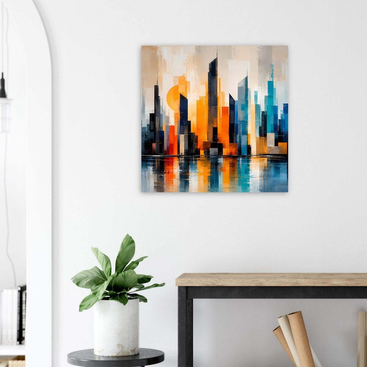 Modernes Skyline-Poster mit Orange- und Türkisakzenten und klaren Stadtformen.