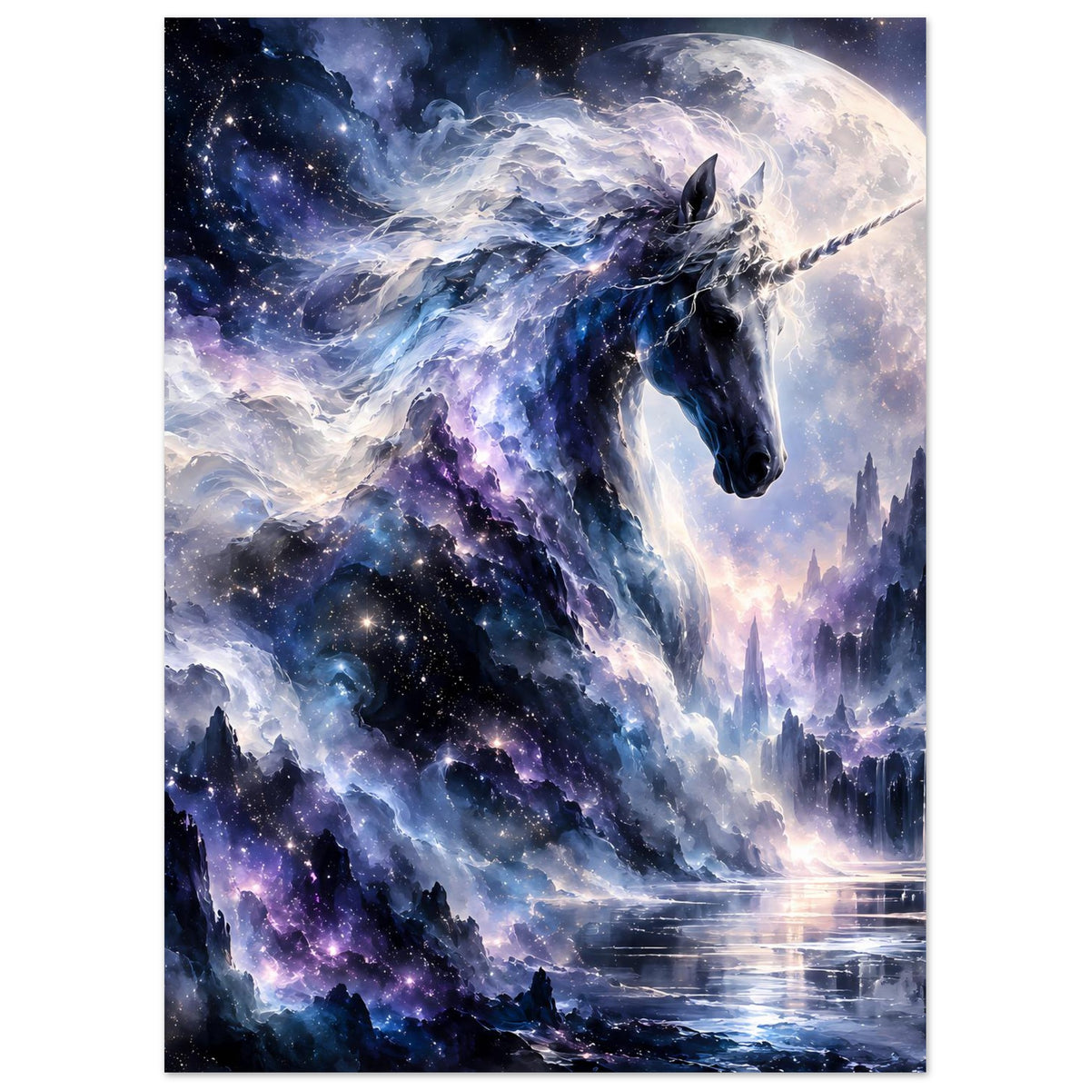 Unicorn-Galaxieposter: blaues Fabelwesen mit Zauberpfeil, Mond, Sterne und Türme