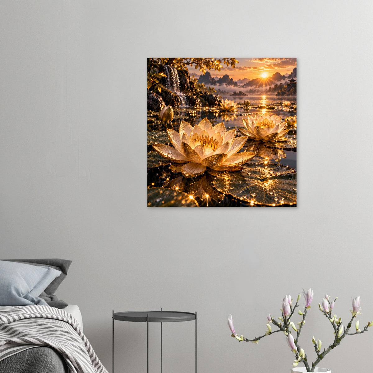 Kleines Poster mit goldenen Lotusblüten und funkelnden Lichtern am Wasser bei Sonnenuntergang