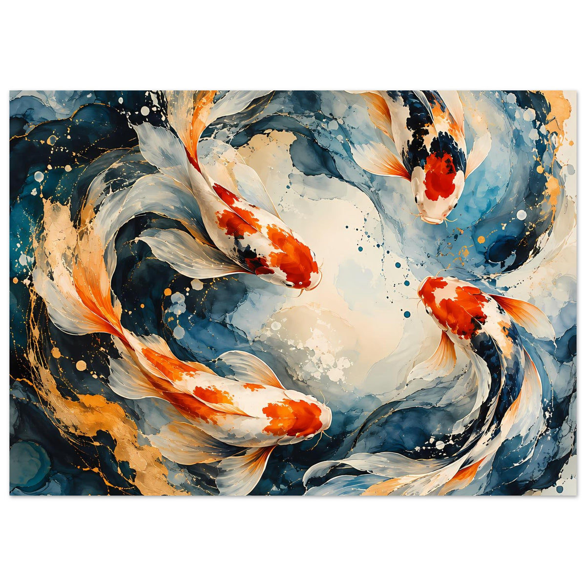 Japanisches Koi-Fisch-Poster im Querformat: abstrakter Wasserwirbel mit roten Koi