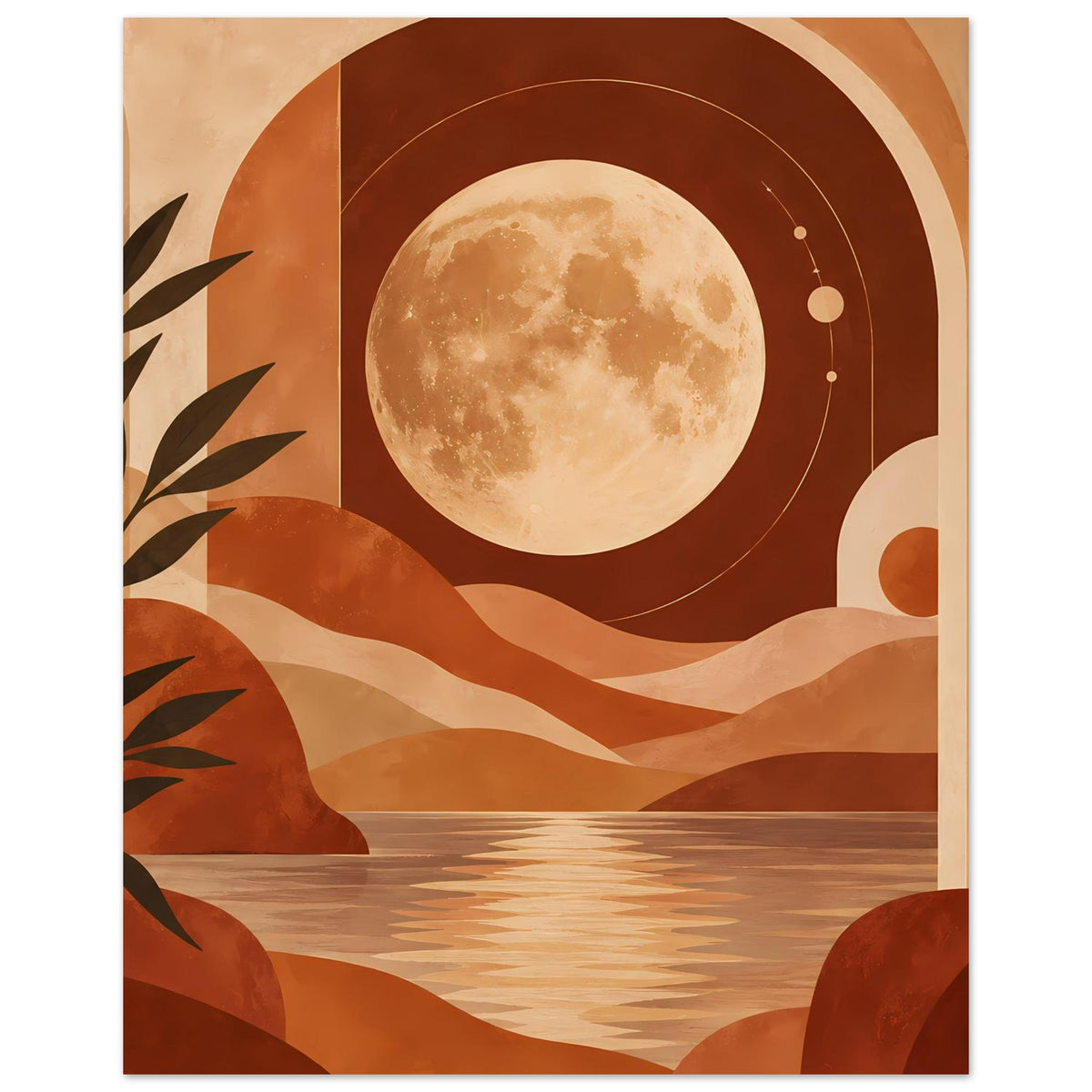 Boho-Poster mit Vollmond, Kreisbögen und Wüstenlandschaft, Terrakotta- und Beigeflächen