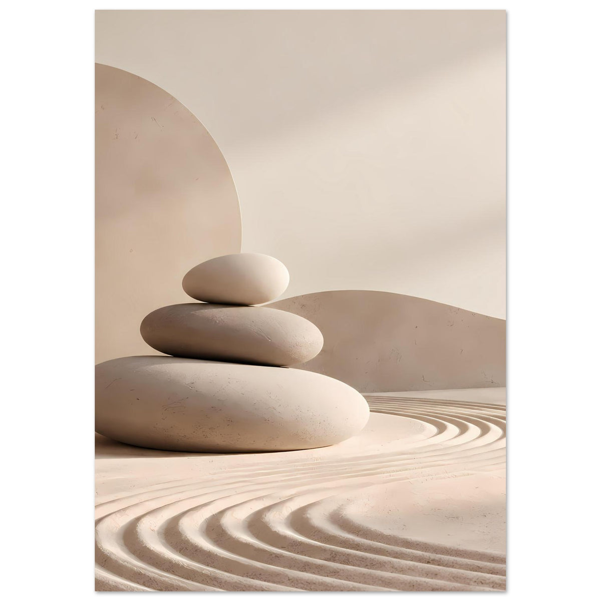 Minimalistischer Zen-Poster: drei glatte Steine übereinander, Sandwellen, ruhige Erdtöne.