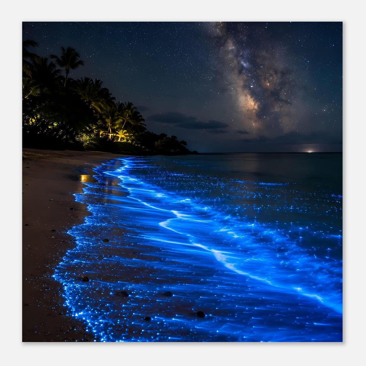 Poster: Nachtstrand mit leuchtend blauem Wasser und Sternen über der Küste