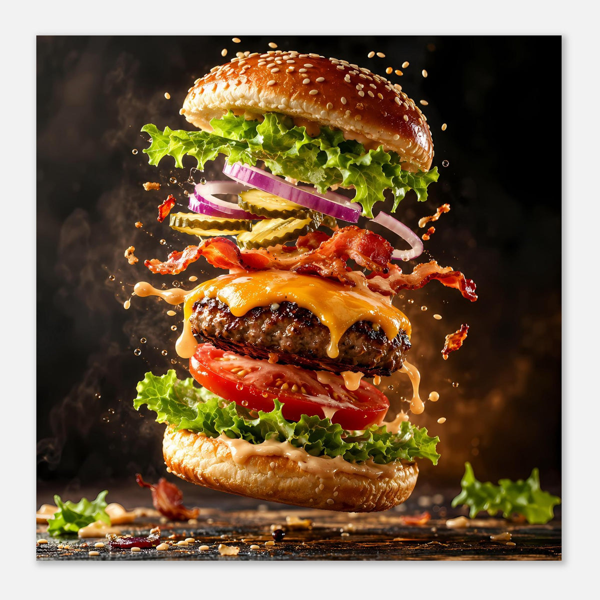 Quadratisches Burger-Poster mit Käsefäden, Salat und würzigen Spritzern
