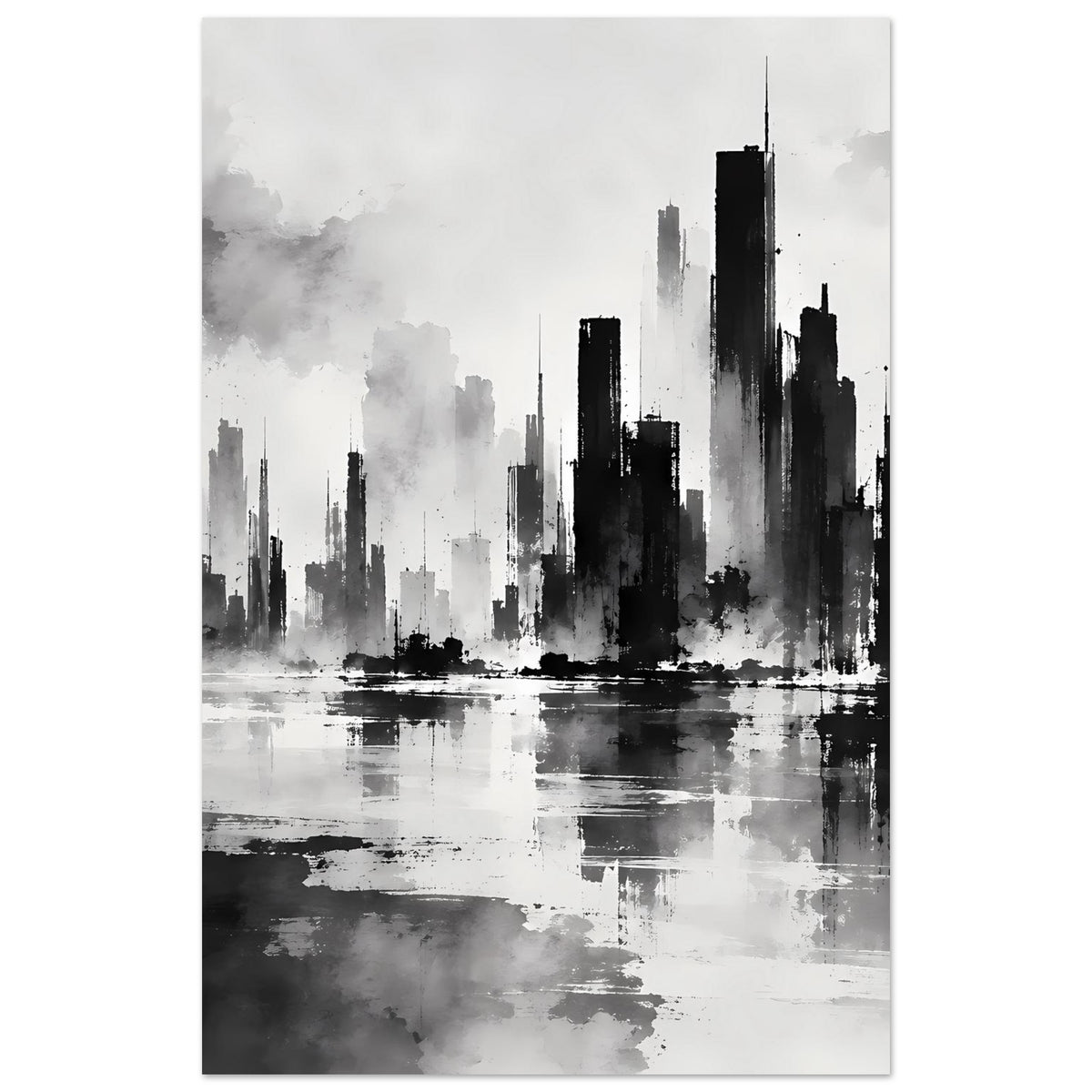 Schwarzweiß-Poster, vertikal: Stadtsilhouette über ruhigem Wasser mit Spiegelung