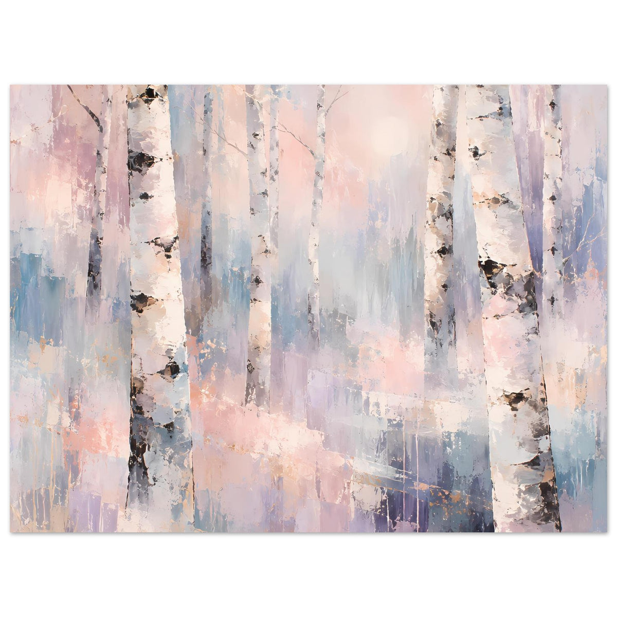 Naturposter mit Birkenwald in Pastell, weiße Stämme, sanfte Blau- und Rosetöne.